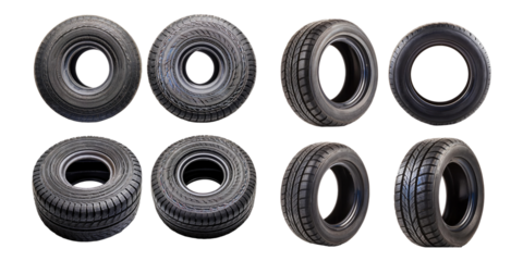 Various Types of Car Tires for Automotive Use, PNG set collection, isolated on transparent background
