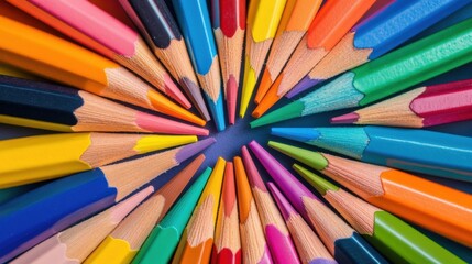 A surface completely packed with colored pencils arranged in a radial pattern, their sharpened tips forming a vibrant, creative display across the whole frame.