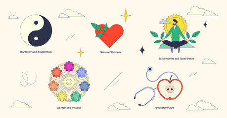 Holistic health imagery with yin-yang, heart, and meditation. Neubrutalism style collection