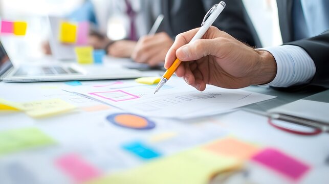 Business team conducting a strategic planning session with whiteboards and laptops