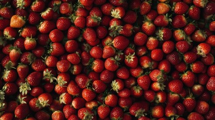 A surface densely covered with freshly picked strawberries, filling every inch of the frame with their vibrant red color and tiny seeds.