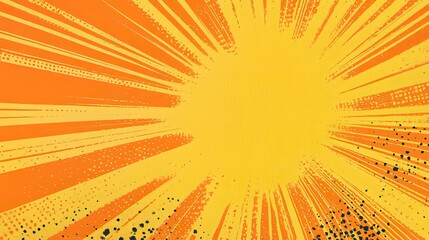 Fototapeta premium Comic book-inspired yellow and orange starburst with halftone dots radiating outward, creating a powerful background for text
