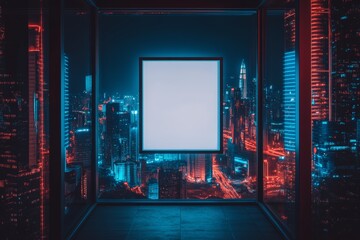 It is night in the modern office interior, and a blank vertical poster is displayed with a panoramic city view.