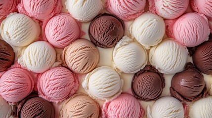 Obraz premium A background completely packed with scoops of strawberry, vanilla, and chocolate ice cream, tightly arranged to create a creamy, colorful surface.