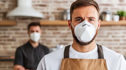 Male worker in an apron and mask, indoors, serious expression, teamwork setting.