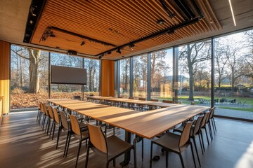 Fototapeta premium Detailed rendering of a modern conference room with a large vertical white canvas.