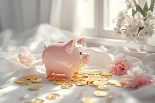 Coins falling from a piggy bank against a white backdrop. 3D rendering