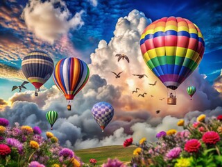 Obraz premium Dreamy Hot Air Balloon in Watercolor Clouds with Kites and Birds - Romantic Illustration