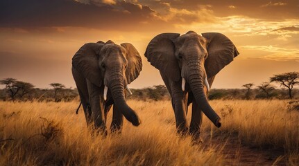 Obraz premium Majestic Elephants in Golden Light: A Breathtaking Sunset Scene in the African Savanna, Capturing the Beauty and Grandeur of Nature's Gentle Giants