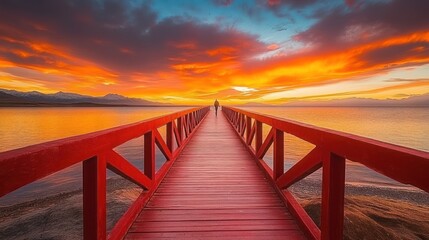Obraz premium A lone figure walks towards the horizon on a wooden pier as the sun sets over a lake, casting a vibrant orange and pink glow on the sky.