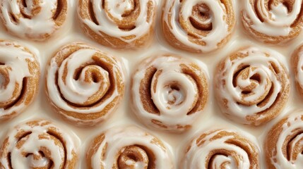 A seamless surface of cinnamon rolls drizzled with icing, filling every inch of the frame with warm, sugary textures.