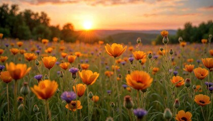 Autumn Meadow Wildflowers at Sunset