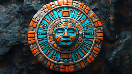 Obraz premium Intricate aztec sun stone replica with vibrant turquoise and orange detailing. Aztec Sun Stone. Illustration