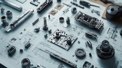 Fototapeta premium Organized mechanical components laid over engineering blueprints, focusing on technical design and mechanical precision