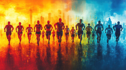 A colorful fitness background with silhouettes of runners, cyclists, and weightlifters, representing various forms of physical activity