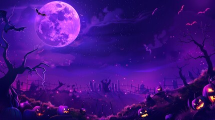 Spooky Halloween Night with Full Moon and Jack-o'-lanterns