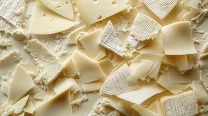 A surface densely covered with slices of different cheeses, from soft brie to aged cheddar, filling every inch of the frame with creamy and crumbly textures.