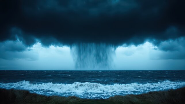 Dramatic storm clouds over the ocean with heavy rain falling, creating a moody and atmospheric seascape.