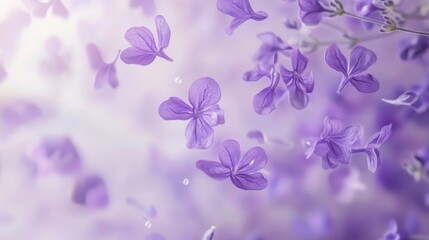Soft lavender petals floating on a pastel lilac background, gently falling in a soothing and tranquil scene.