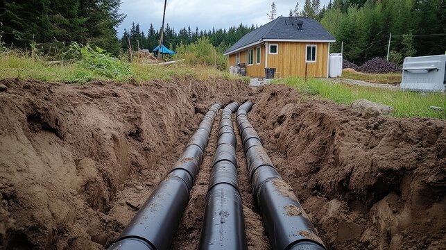 PVC pipes aligned in a trench at a cottage site, demonstrating careful plumbing installation for an efficient water supply system