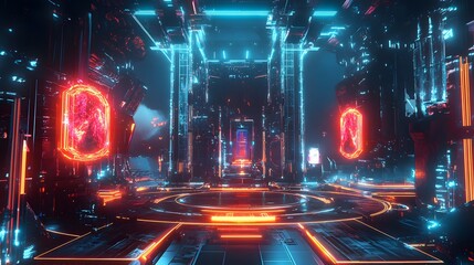 Futuristic battle arena with glowing platforms force fields and towering obstacles