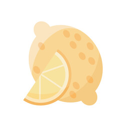 Sliced fruit sticker. Natural and organic fresh lemon. Healthy eatings and vitamins. Ingredient and harvest. Cover or banner. Flat vector illustration