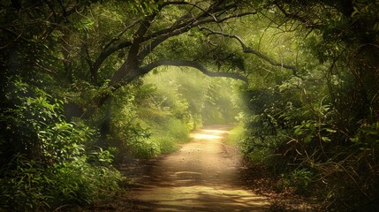 Obraz premium Sunlit Path Through a Lush Forest