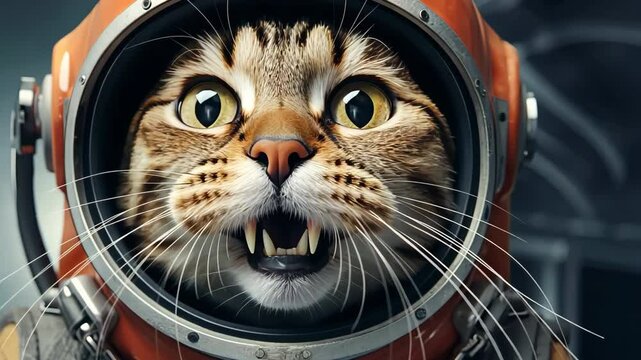 Tabby cat wearing space helmet meowing showing teeth