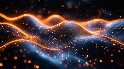 futuristic abstract background featuring glowing gold and blue neon waves moving at high speed enhanced by bokeh lights representing sound waves and data transfer in a vivid visual experience