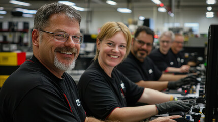 Efficient teamwork is showcased in this of professionals collaborating in modern workspace. Their smiles reflect positive work environment, emphasizing benefits of collaboration