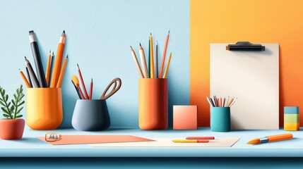 Obraz premium Colorful desk setup with stationery and plants