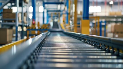 A conveyor belt transporting goods in a factory, industrial setting with machinery in operation, Minimalist style