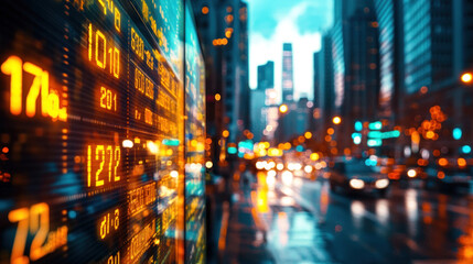 Obraz premium A futuristic market trends analysis showing fluctuating stock prices and growth percentages on dynamic, holographic graphs, set against a financial district skyline