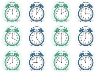 Vector illustration of analog alarm clocks with handwritten numbers. 0, 1, 2, 3, 4, 5, 6, 7, 8, 9, 10, 11, 12, 13, 14, 15, 16, 17, 18, 19, 20, 21, 22, 23, 24 o'clock. Blue and green cases.