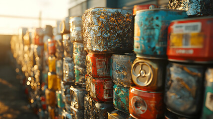 A Stack of Crushed Metal Cans Ready for Recycling, Highlighting the Importance of Sustainable Waste Management and Environmental Responsibility