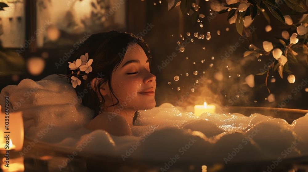Poster a person enjoys a tranquil bubble bath, surrounded by candles and flowers. soft lighting creates a c