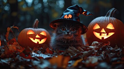 Naklejka premium the cat in the hat, the concept of Halloween. selective focus