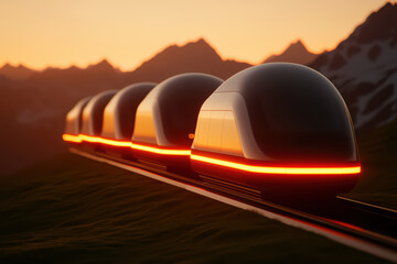 Futuristic train gliding through mountainous terrain at sunset, showcasing sleek design and innovative technology.