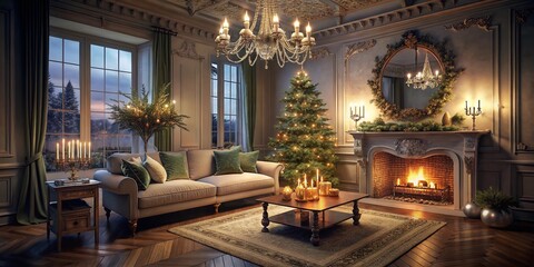 Elegant Baroque Living Room with Christmas Tree and White Fireplace in Low Light