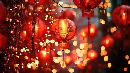 Fototapeta premium Red Lanterns Hanging in Night Parade