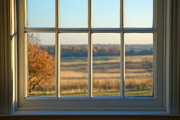 Fototapeta premium A View of a Golden Meadow Through a White Window Pane