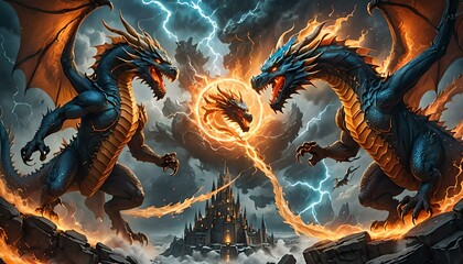 A multi-headed dragon, each head representing a different elemental force—fire, ice, lightning, and wind. 