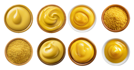 Assorted mustard powder and sauces isolated on transparent background
