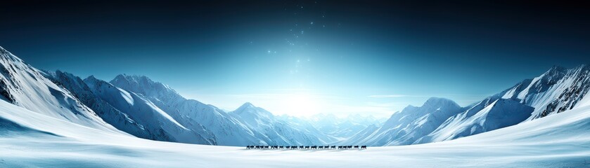 Majestic snowy mountains under a bright blue sky, reflecting a serene winter landscape.
