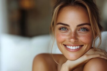 Naklejka premium Smiling woman with healthy skin, Generative AI