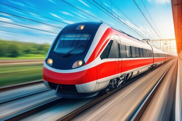 Fototapeta premium Modern high-speed train in motion, showcasing sleek design against a vibrant blue sky.