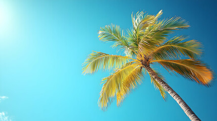 Tropical Palm Tree Swaying in the Wind Against a Blue Sky Background