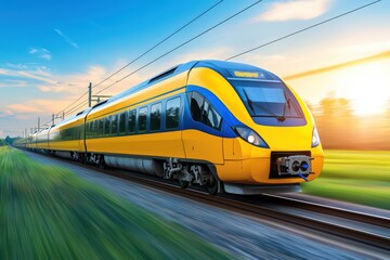 Obraz premium Modern yellow train speeding along the tracks during sunset, showcasing dynamic motion and vibrant scenery.