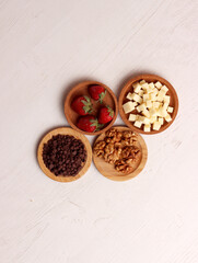 menu snack ingredient photo chocolate chips strawberry walnut cheese dessert sweet food kitchen set