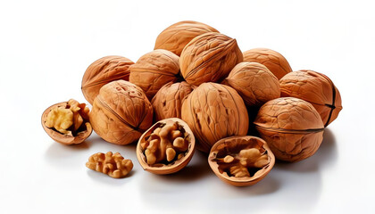 Walnuts on wooden and white background, opened and closed